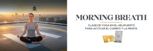 Mujer haciendo Yoga en un helipuerto, banner de Moring Breath en AVIA